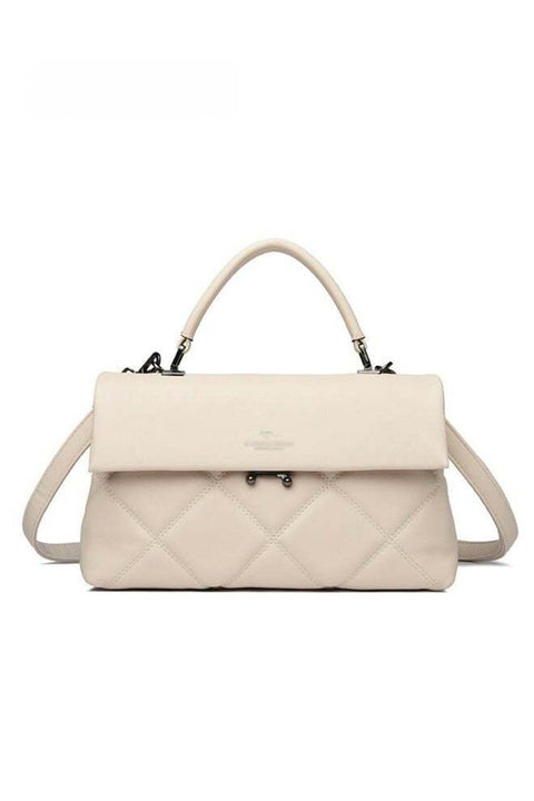 Women PU Large-Capacity Multi-Pocket Quilted Stitch Shoulder Crossbody Tote Satchel Handbag (Beige)