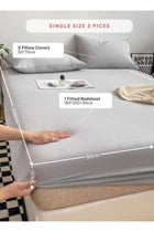 3-Piece Set: single-size fitted bedsheet and two pillowcases, washable cotton in a light grey color.