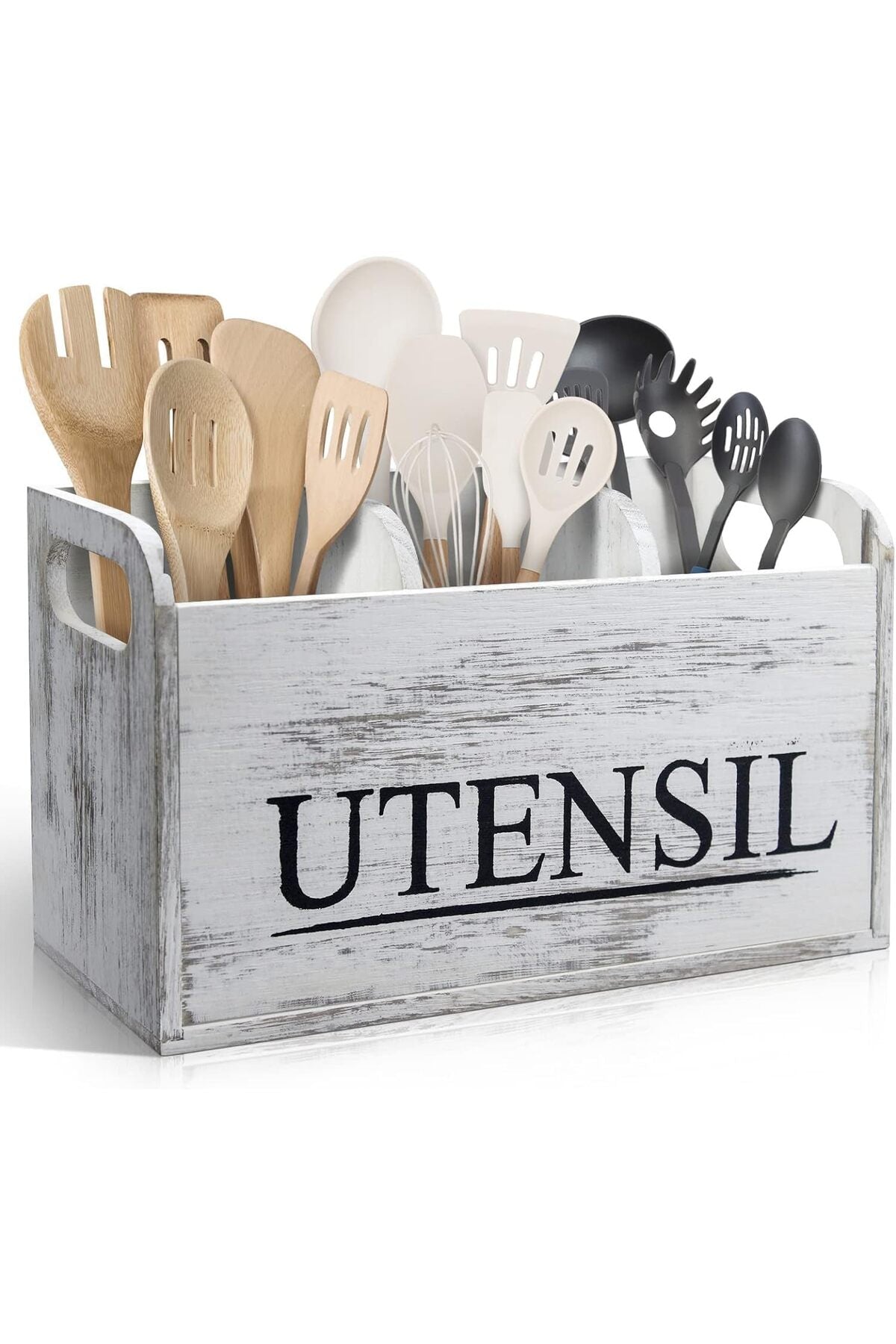 Rustic White Kitchen Utensil Holder – Large Wooden Utensil Organizer with Detachable Silverware Caddy & Portable Handle