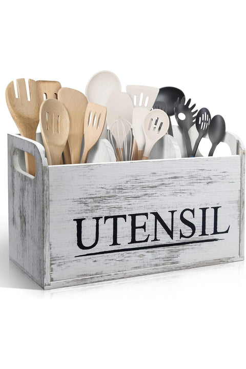 Rustic White Kitchen Utensil Holder – Large Wooden Utensil Organizer with Detachable Silverware Caddy & Portable Handle