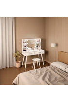 Bedroom Dresser and Stool Set, White Makeup Vanity Table for Girls with LED Light Mirror + 2 Drawers & Storage Shelves, 3 Light Modes Adjustable Brightness Dressing Desk