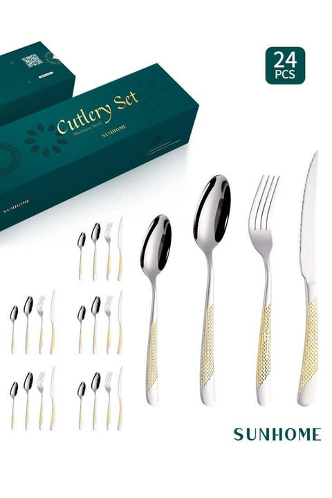 24-Piece Stainless Steel Cutlery Set, Western Tableware for Home, Restaurant, Party, Gold