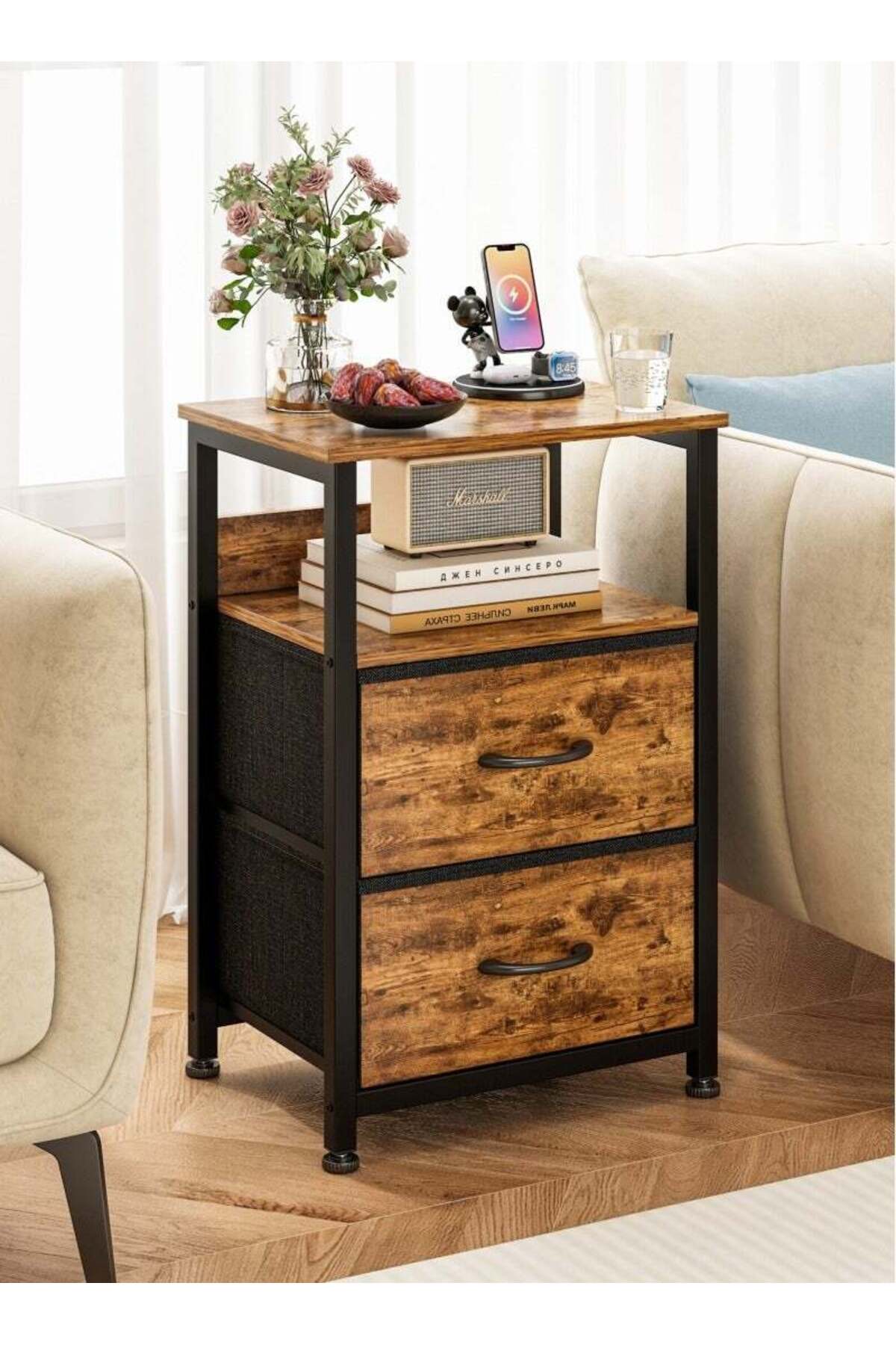3-Tier Nightstand Side Table with 2 Fabric Drawers Home Bedside Table End Coffee Table for Bedroom 45*30*73cm Brown