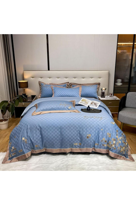 Xrare Bedding Set 4Pcs, King Size Duvet Cover Set, Jacquard Satin Quilt Cover(220x240cm), Embroidery Pattern Bed Set, Azure-PaleBlue