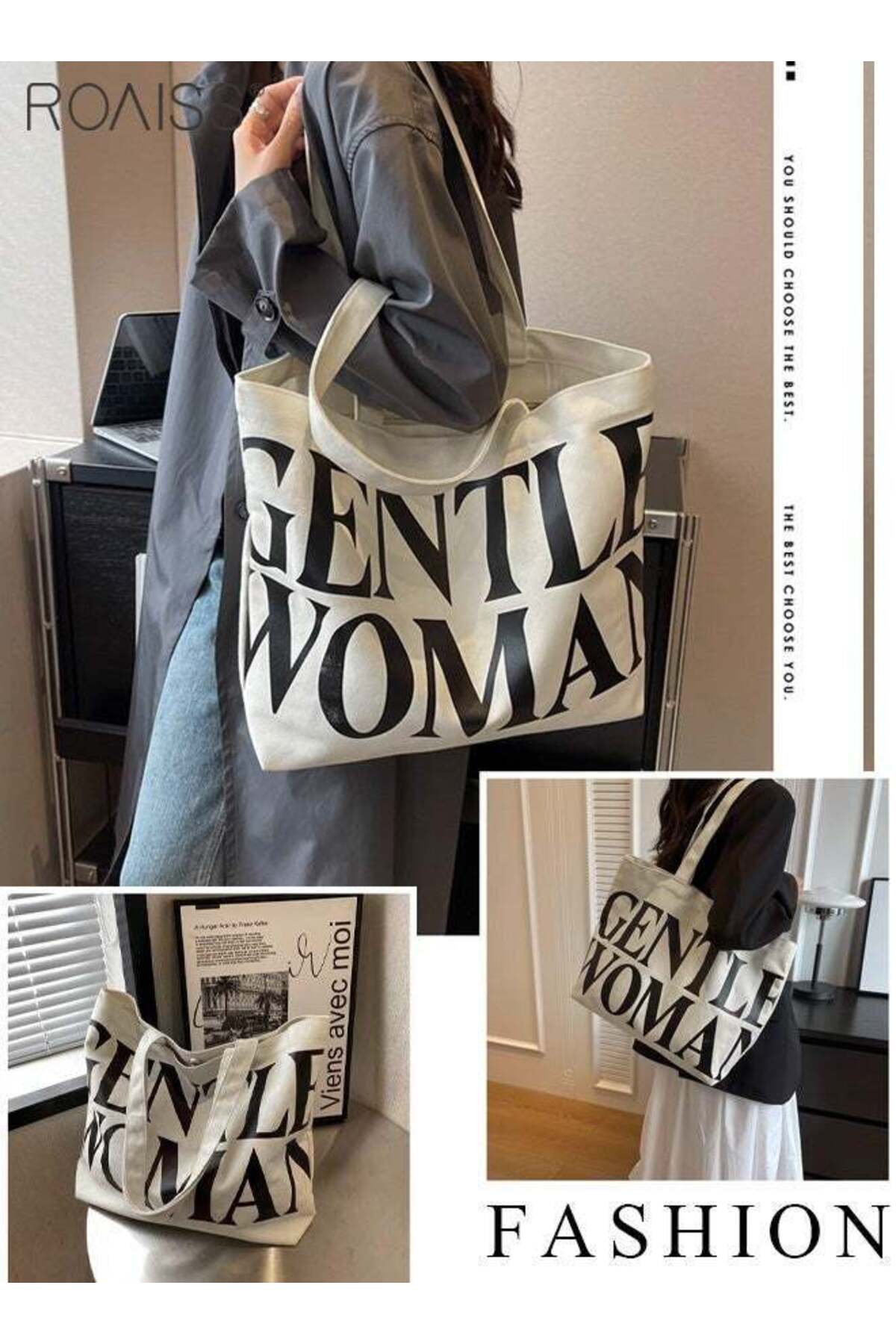 Women Stylish Canvas Bag, Large Capacity Shoulder Bag with Zipper Closure, Casual Tote Handbag