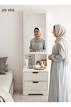 White Makeup Vanity with Mirror and Storage, 2-Drawer Dressing Table with Jewelry Organizer, Modern Bedroom Furniture for Women, Compact Cosmetic Desk with Open Shelves