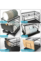 2 Tier Dish Drying Rack for Kitchen Counter with Drainage Tray - Large Stainless Steel Dish Drainer with Cutlery Holder, Knife Rack, Cup Holder & Cutting Board Rack, Rustproof Kitchen Organizer, Black