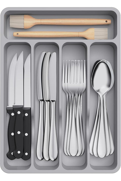 Cutlery Drawer Organizer, Kitchen Utensil Storage Tray, 5 Compartments, Gray