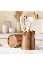 Utensil Organizer for Kitchen Countertop – Large Capacity 7.2" Holder with Acacia Wood Base, Elegant Matte Black Finish