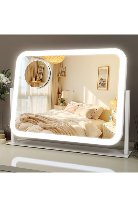 Lighted Makeup Mirror, 41 cm x 32 cm Vanity Mirror with Lights, 10X Magnification, Gifts for Women, 3 Color Lighting Modes, Smart Touch Control, 360° Rotation for Bedroom or Tabletop
