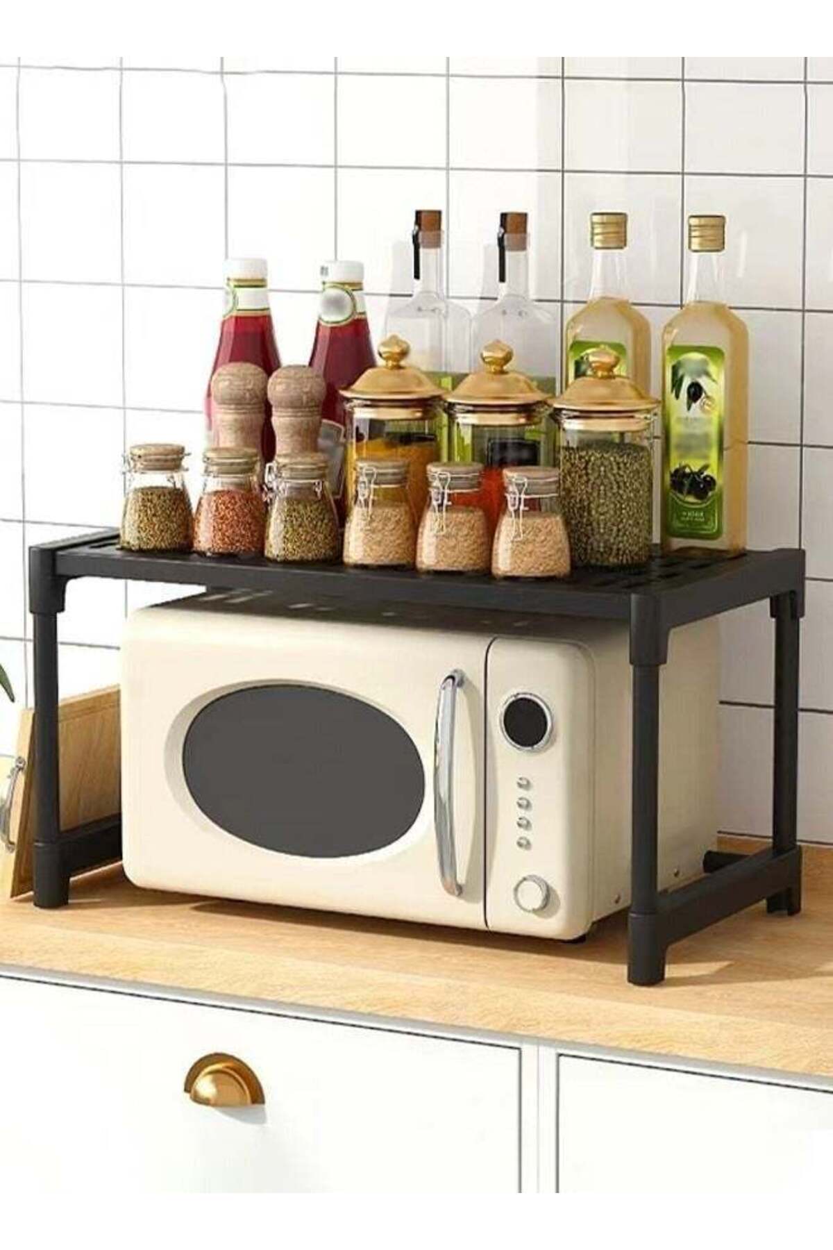 Kitchen Storage Rack, Multifunctional Microwave rack,Countertop Rack Organizer with Non-Slip Feet, for Spices, Pots and Pans（Black）