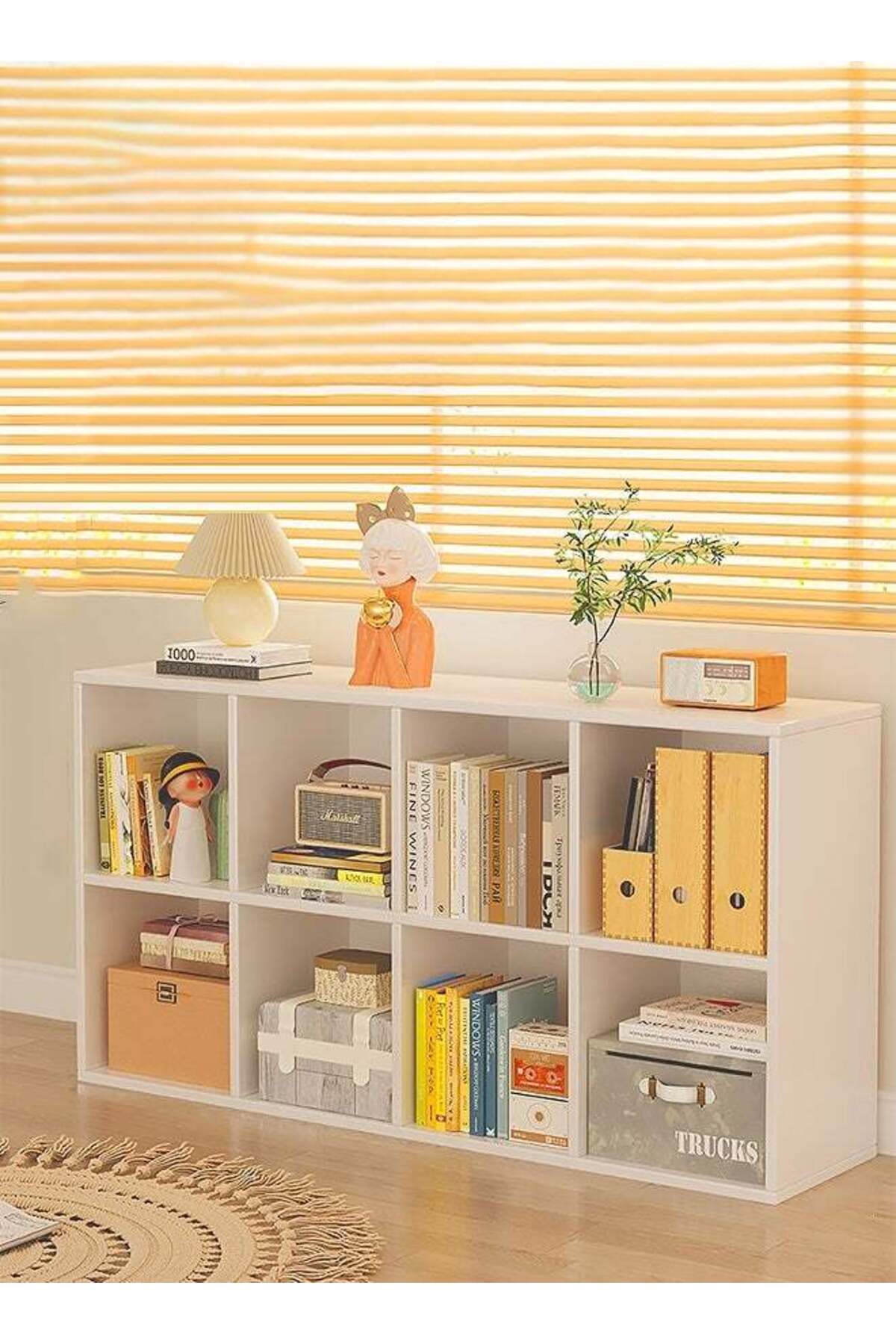 CozyNest 8-Compartment Freestanding Bookshelf & Storage Cabinet, Wall-Adjacent Kids Bookcase, Simple Organizer for Living Room Reading Corner, White