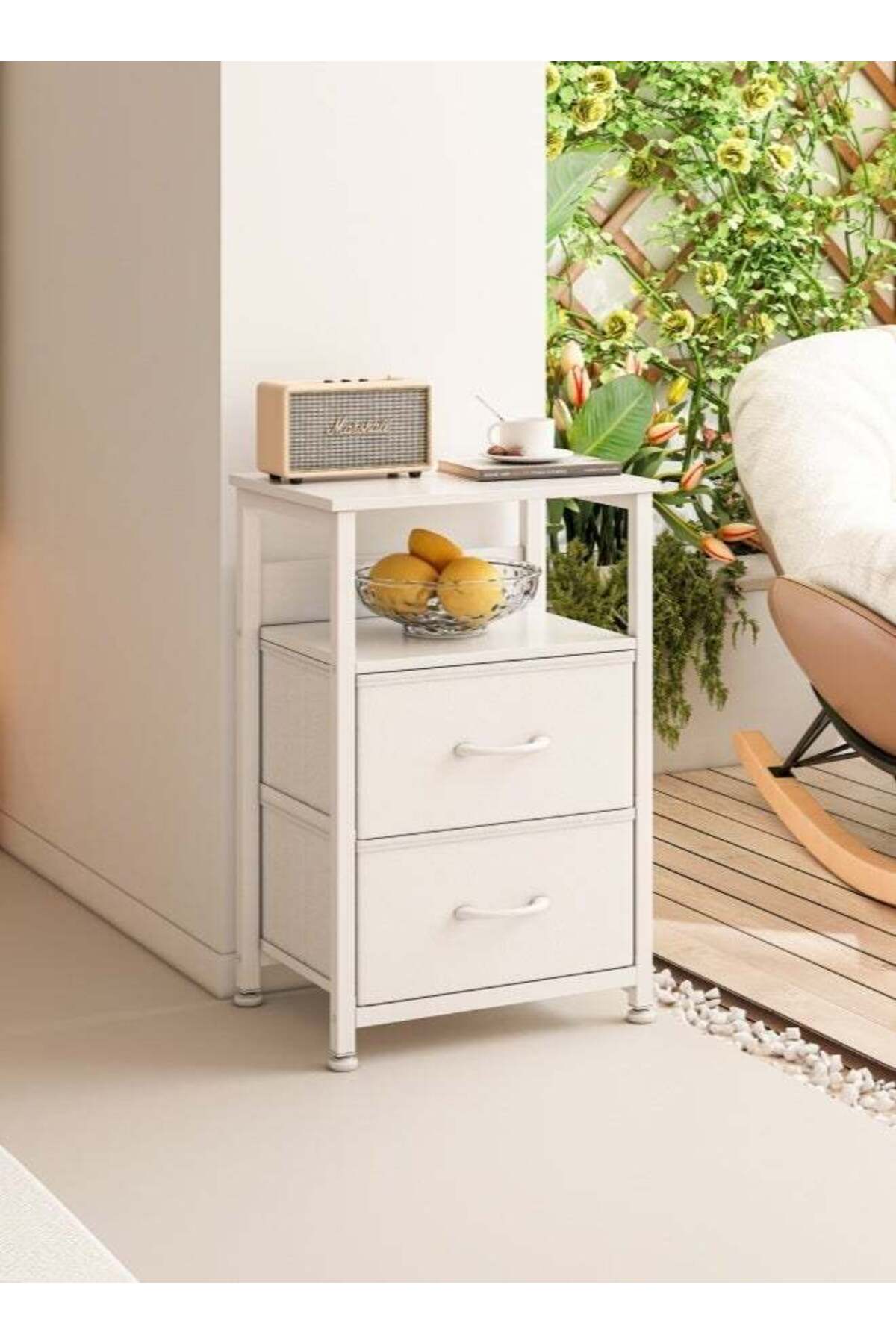 3-Tier Side Table with 2 Fabric Drawers Home Bedside Table End Coffee Table Nightstand for Living Room Bedroom 45*30*73cm White