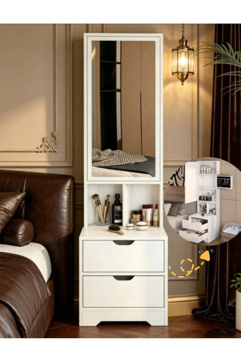 -Long Tall Bedside Mirror Cabinet with Hidden Jewelry Storage, White Narrow Nightstand with Drawers & Open Compartments, Multi-Purpose Dresser Organizer for Bedroom, Small Space Friendly Vanit