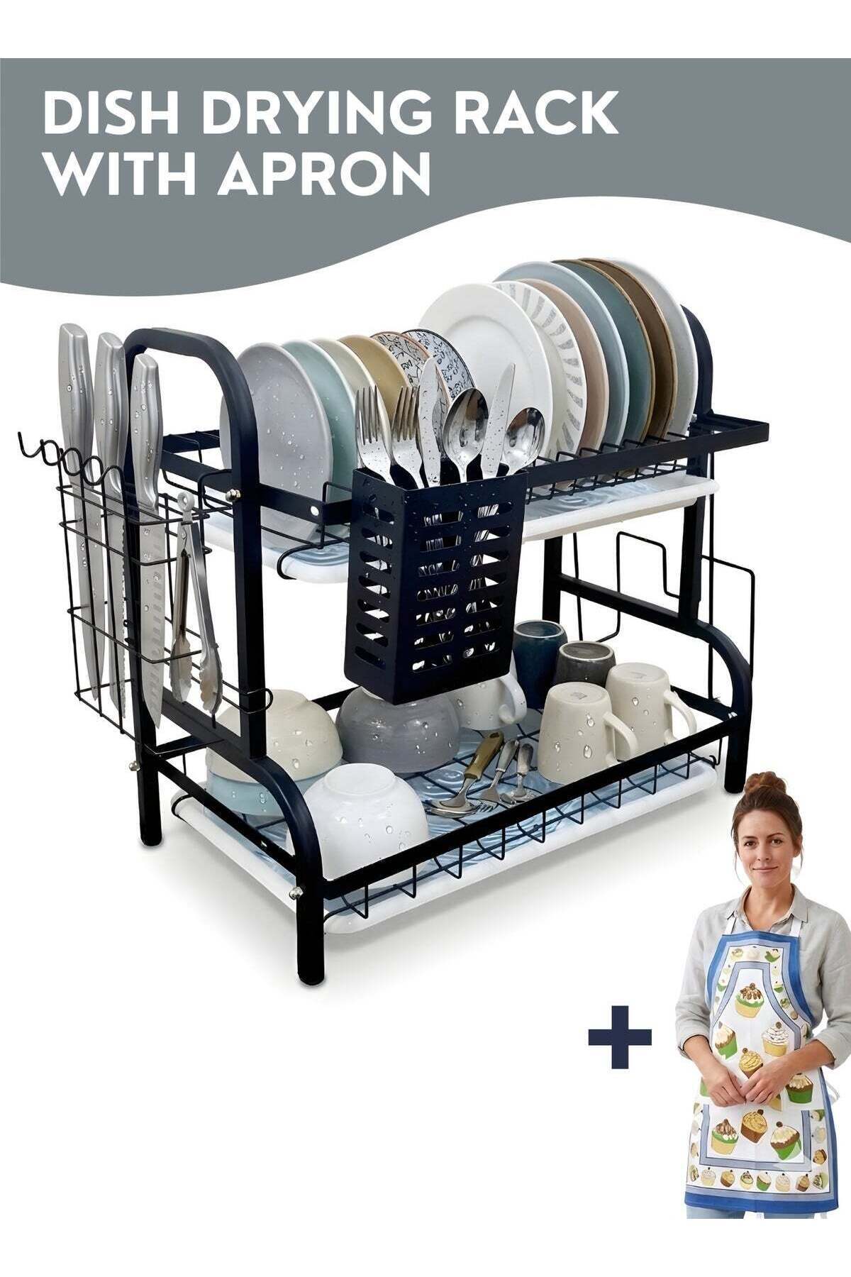 Zefzon 2 Tier Dish Drying Rack with Drain Tray – Large Capacity Kitchen Dish Drainer, Stainless Steel Countertop Dish Rack Organizer with Cutlery Holder & Cutting Board Slot