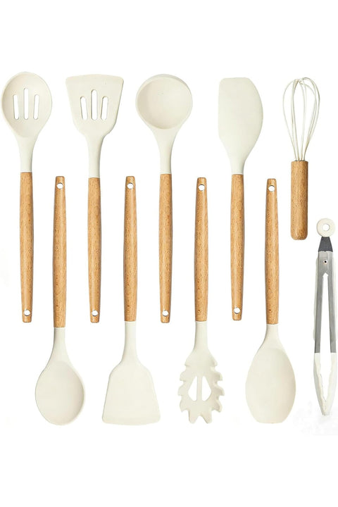 10 Pack Wooden Handle Silicone Kitchen Utensil Set White Cooking Spatula Turner Spaghetti Server Spoon Non Stick Safe Washable