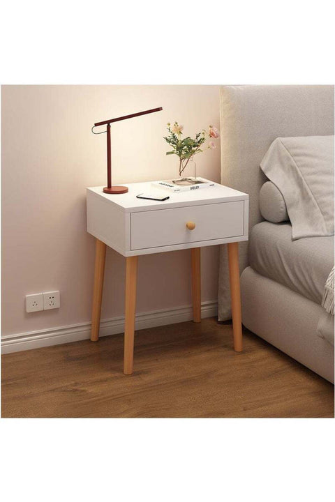 Bedside Table with Drawer, Modern Nightstand with Solid Wood Legs, Practical Bedside Storage Table, Fashion Bedroom Furniture White (Single Drawer)