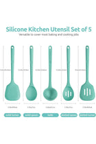 Silicone Kitchen Cooking Utensil - 315℃ Heat Resistant BPA Free Seamless Solid & Slotted Turner and Spoon, Soup Ladle for Non-Stick Pan/Wok Cookware (Set of 5, Aqua Sky)