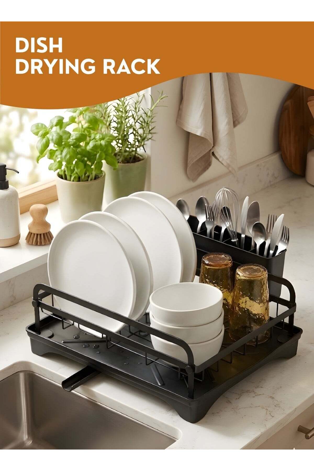Dish Rack for Kitchen Countertop, Large Stainless Steel Dish Drying Rack with Drainboard & 360° Swivel Water Outlet, Rustproof Dish Drainer with Utensil Holder for Plates, Bowls & Cups