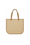 Womens Hand Woven Natural Raffia Beach Hand Bag With Flat Leather Handle- Beige