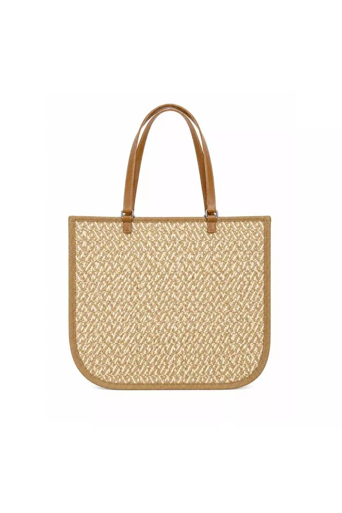 Womens Hand Woven Natural Raffia Beach Hand Bag With Flat Leather Handle- Beige