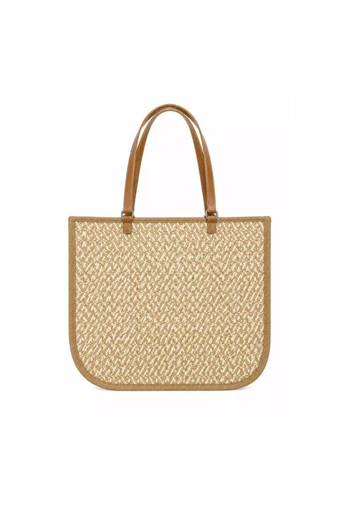 Womens Hand Woven Natural Raffia Beach Hand Bag With Flat Leather Handle- Beige