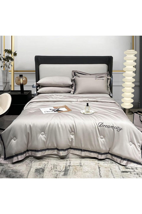 4 Pieces Queen Duvet Cover Set, Washable Ice Silk Quilt, Absorbs Heat To Keep Cooling, Include 1* Duvet Cover 200x230cm, 1* Flat Sheet 245x245cm, 2* Pillowcases 48x74cm, Gray