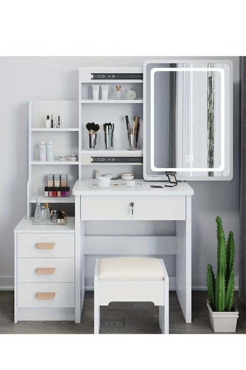 Bedroom Dressing Table Set - with Mirror and Soft Stool, Vanity Table with Drawers and Partitions, Large Storage Space Home Makeup Table (White -100*40*145CM)