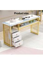 3 Tier Storage Shelves Manicure Table with White Faux Marble Top, Gold Metal Frame Nail Desk Workstation for Home Office Kitchen and Nail Tech Makeup Beauty Spa Salon Equipment