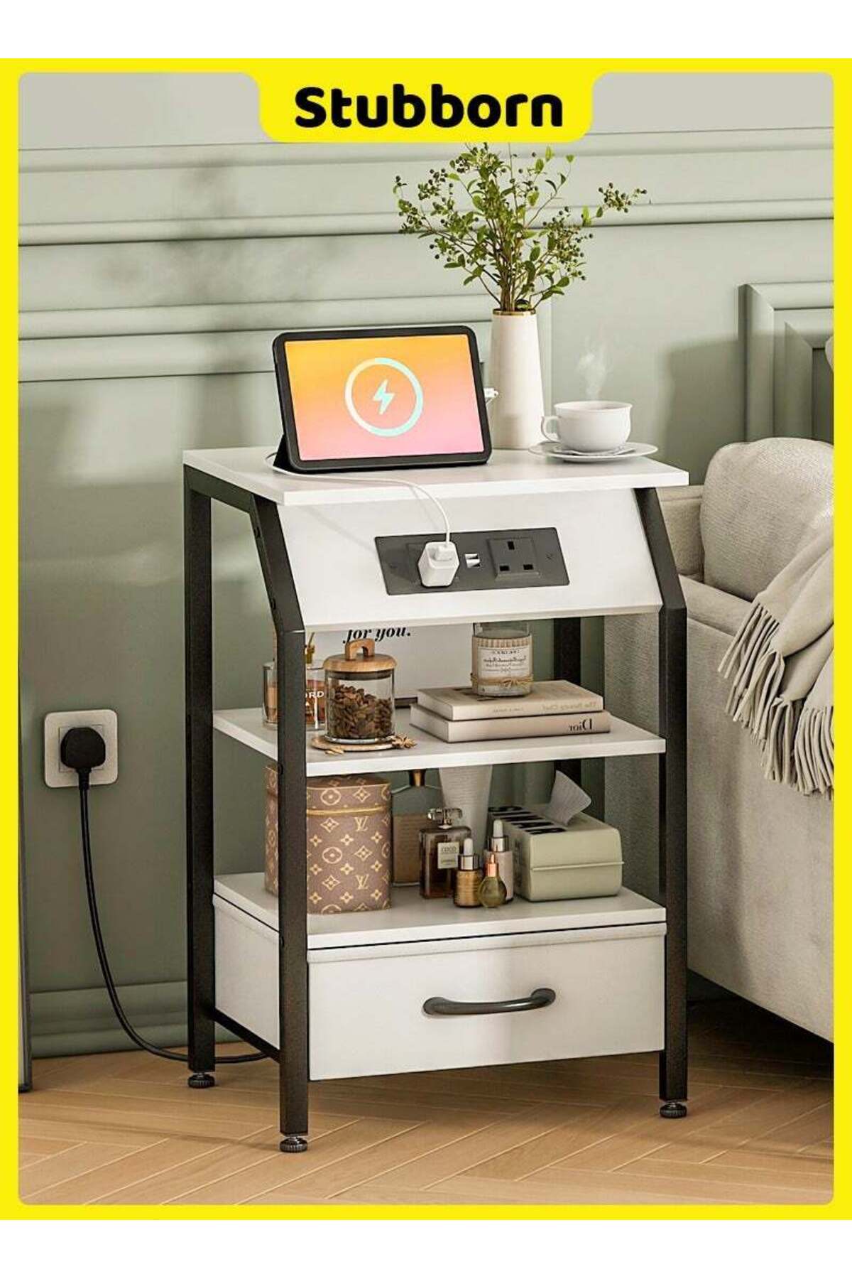 Nightstands with Power Strip, Bedside Table with Drawer, Sofa Side Table with Storage