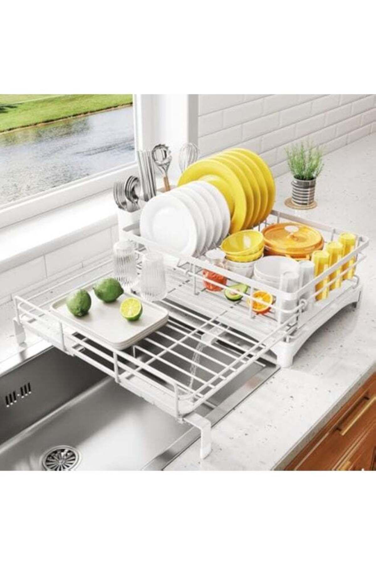 Dish Drying Rack - Extendable Dish Rack, Large Sink Drying Dish Drainer for Kitchen Counter, Stainless Steel Dish Strainer with Utensil Holder (White)