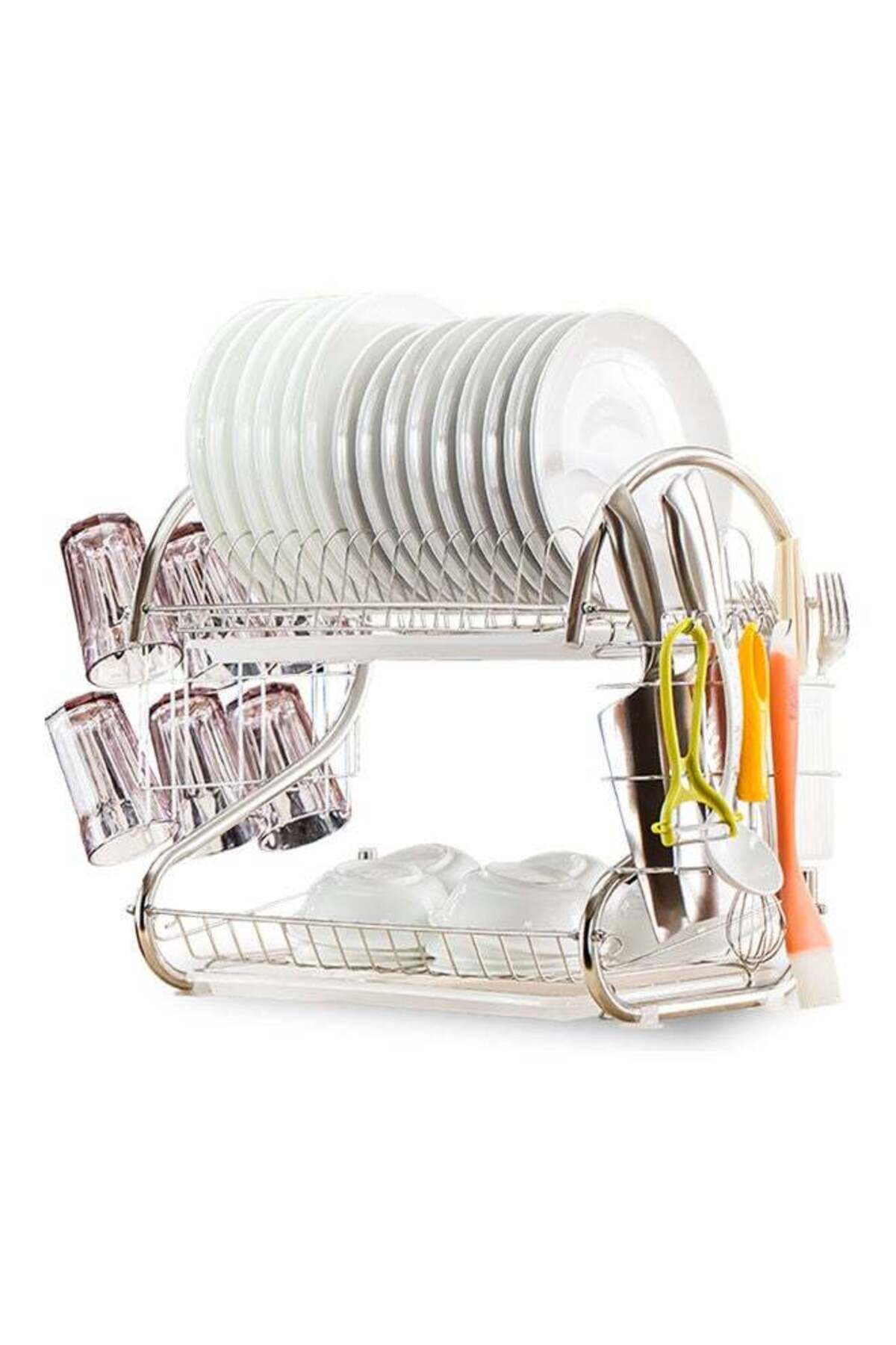2-Tier Dish Drying Rack With Removable Drain Board White/Silver 41.5x14x25.5cm