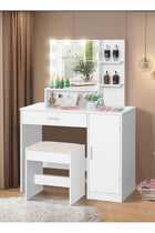 Bedroom Makeup Dressing Table with 1 Drawer, 1 Cabinet and 2 Separate Storage Shelves, 3 Lighting Modes and Adjustable Brightness, 90*40*137CM (Does Not Include Dressing Stool)