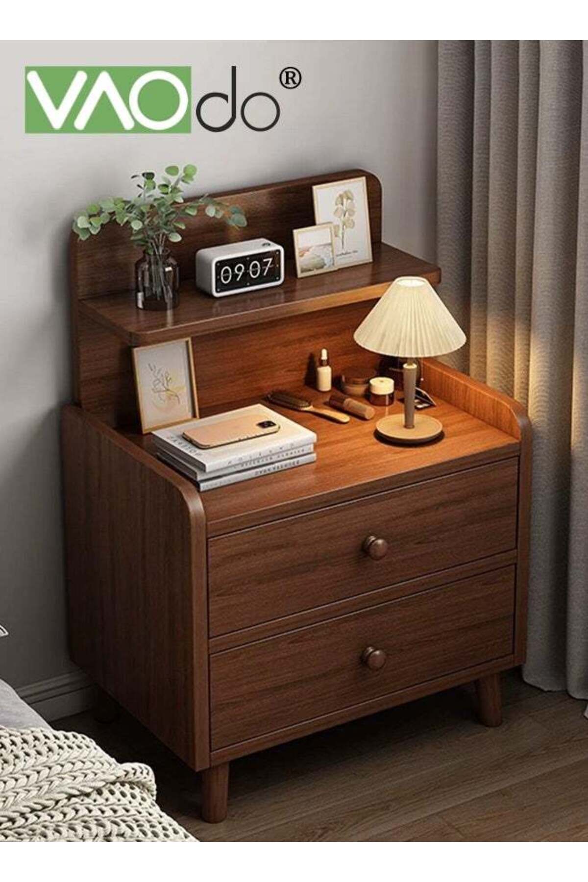 Nightstand with 2 Drawers, Modern Bedside Table with Open Wood Shelf, Minimalist Side Table, End Table Easy to Assembly for Bedroom Living Room Small Space Brown