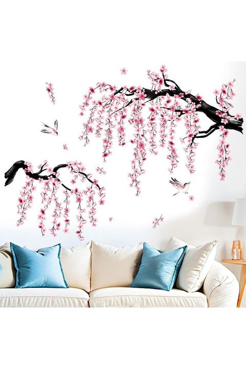 Cherry Blossom Wall Stickers for Bedroom: Peel and Stick Large Pink Flower Bird Blue Floral Tree Branch Wall Decals - Living Room Office Bathroom Wall Art Decor