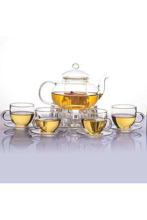 Glass Tea Set - Borosilicate Glass Teapot with Heart Shape Warmer and 4pcs 100ml Cups with Saucers
