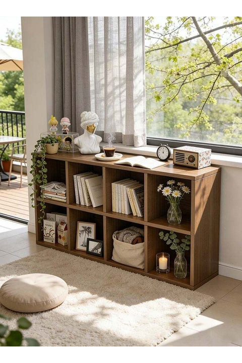 CozyNest 8-Compartment Freestanding Bookshelf & Storage Cabinet, Wall-Adjacent Kids Bookcase, Simple Organizer for Living Room Reading Corner, Dark Walnut