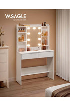 Dressing Table with LED Lights, 9 Bulbs, 3 Light Colours, Adjustable Brightness, Vanity Desk with Mirror, Adjustable Shelves, 2 Drawers, Makeup Desk, Modern White