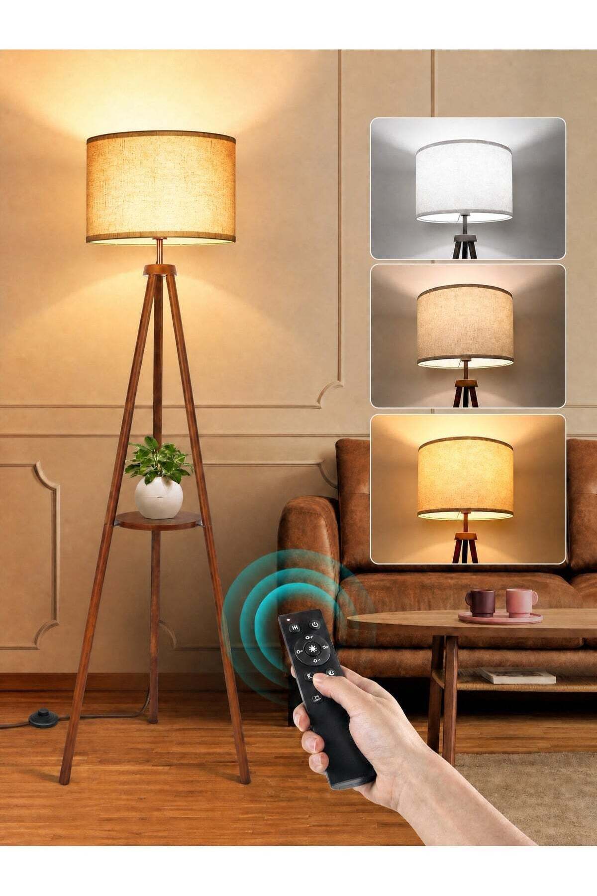 Solid Wooden Tripod Floor Lamp, Dimmable, 4 Color Temperatures, 1H Timer, Storage Shelf