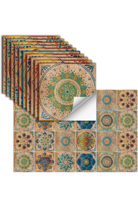 Wall Decals, 24 Pieces Self-Adhesive Mandala Tile Decals, 10x10 cm Square Stickers for Home Decor, Easy Peel and Stick, Removable Waterproof for Kitchen, Bathroom, Furniture