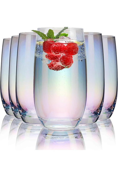 Iridescent Drinking Glasses Set of 6 - Crystal Highball Water Glasses - Glass Cups for Water, Juice, Beverage, Mojito，385ml