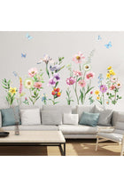 Flowers Wall Stickers - Wildflower Grass Butterflies Daisy Floral Wall Stickers - Girls Bedroom Living Room Sofa TV Background Home Wall Decor