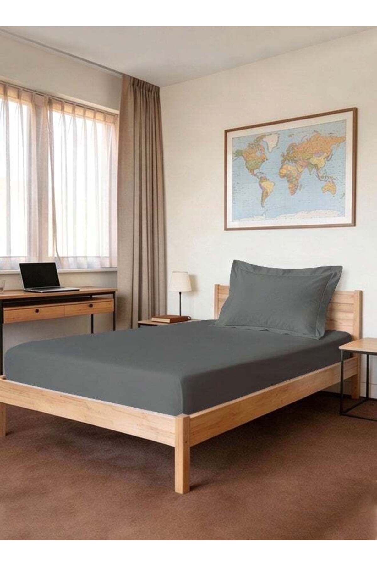 Pure Combed Cotton Single Bed Fitted Sheet 90x200 cm, Dark Grey, 400 Thread Count Cool Luxury Soft
