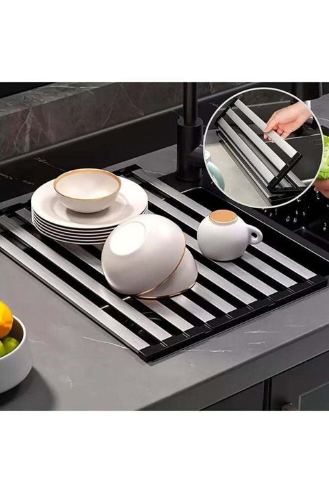 Roll Up Dish Drying Rack, 304 Stainless Steel Over Sink Dish Drying Rack, Foldable Heat-Resistant Dishes Drainer for Kitchen and RV Sink Counter