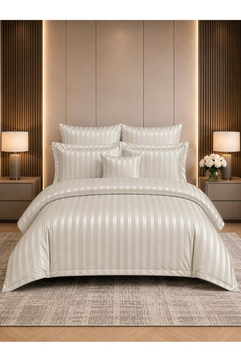 Hotel Striped Comforter Set, Fits 200x200 cm Size Bed, Removable Duvet Filler Included, 8-Pcs King Size, 350 GSM Filling.