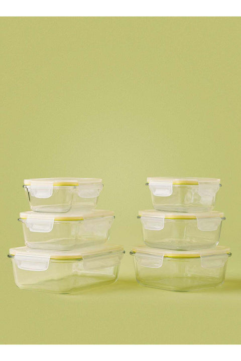6 Piece Borosilicate Glass Food Container Set - Airtight Lids - Lunch Box - Rectangle + Square - Food Storage Box - Kitchen Cabinet Organizers - Yellow 6-Piece