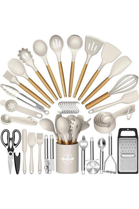 35Pcs Silicone Cooking Utensils Set, Kitchen Utensils Set, Chef Heat Resistant Kitchen Utensil Spatula Set for Nonstick Cookware, Wooden Handles Kitchen Gadgets Tools Set (Khaki)