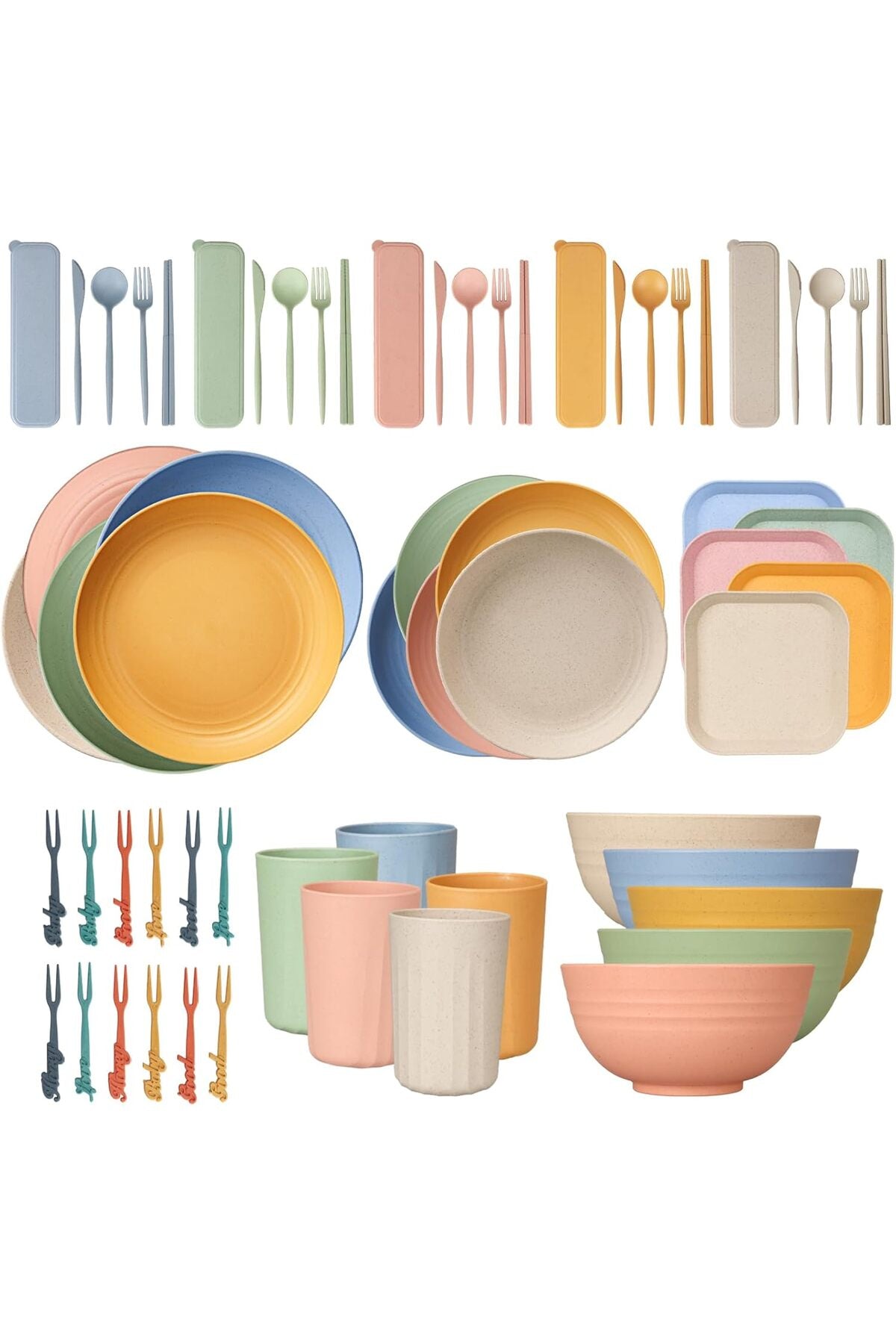62 Piece Unbreakable Crockery Set, Reusable Camping Tableware Set for 5 People, Plastic Tableware