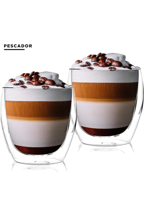 Double Walled Glass Coffee Cups with Spoon - Set of 4 Large 250ML Insulated Mugs