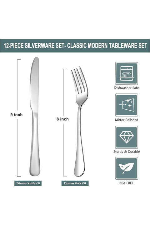 SANTUO 12 Piece Silverware Set with 6 Dinner Knives and 6 Dinner Forks, Stainless Steel